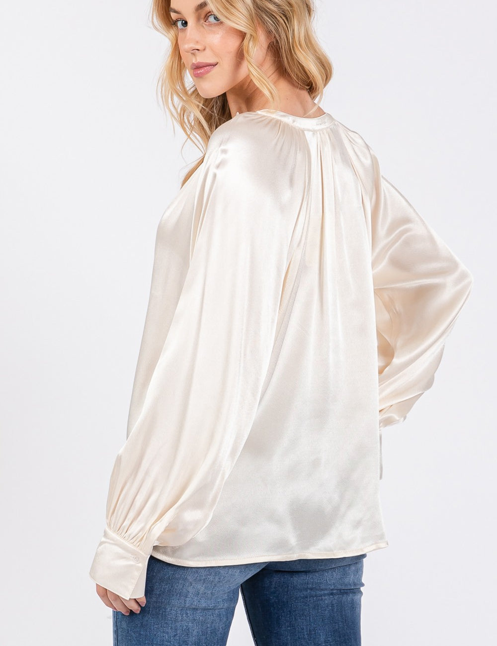 Notched Long Sleeve Blouse Tops