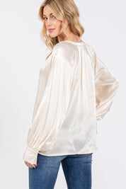 Notched Long Sleeve Blouse Tops