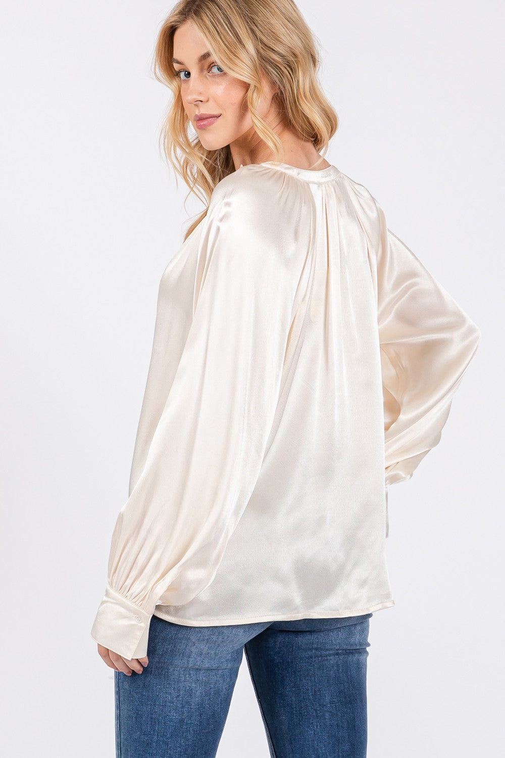 Notched Long Sleeve Blouse Tops