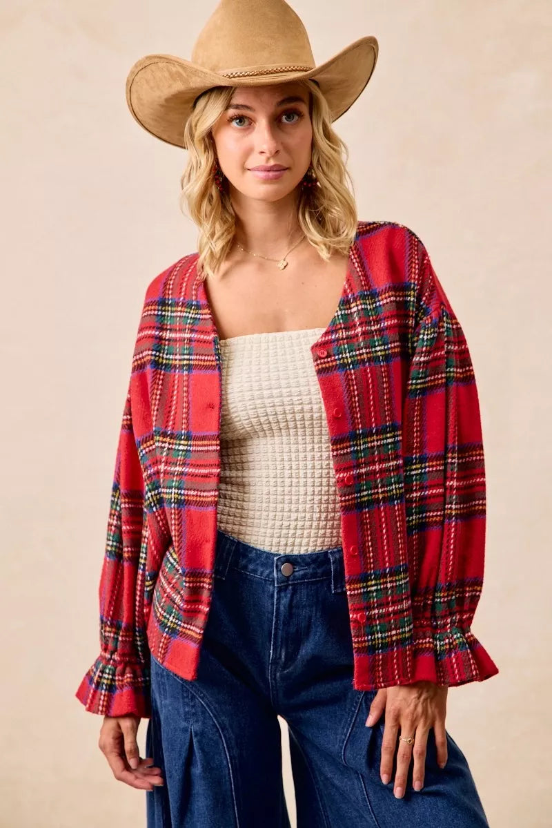 BiBi Christmas Plaid V-Neck Flounce Sleeve Jacket | Jackets Daverri Fashions