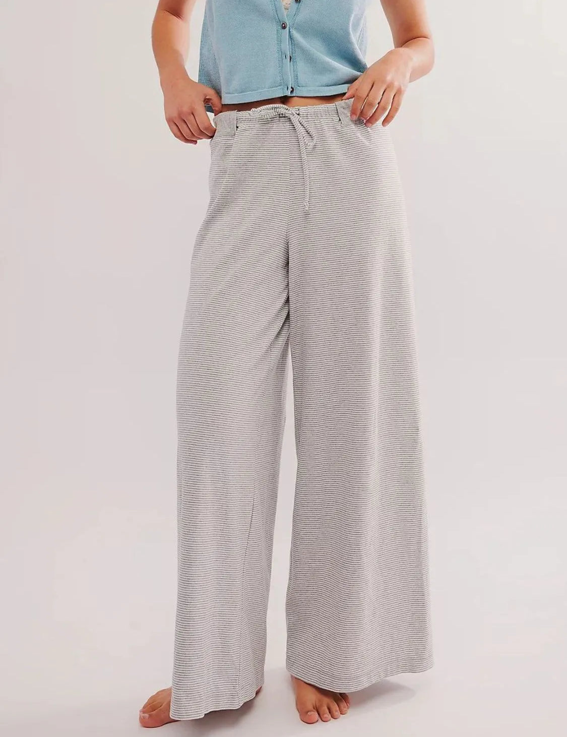 Light Gray Drawstring Striped Wide Leg Pants | Loungewear Daverri Fashions