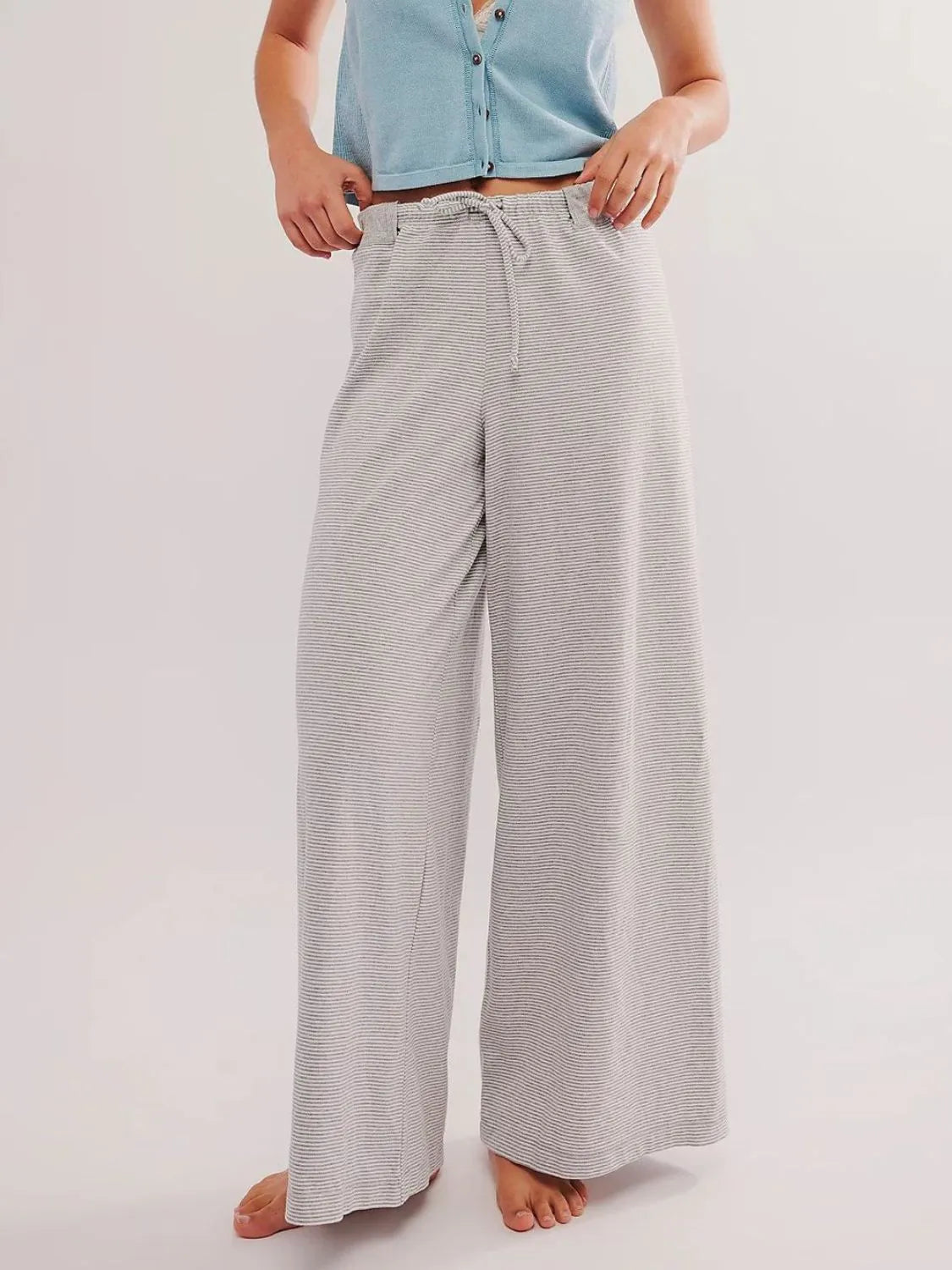 Light Gray Drawstring Striped Wide Leg Pants | Loungewear Daverri Fashions