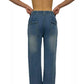 Wide leg contrast stitching jeans in blue denim with elastic waist and back pockets