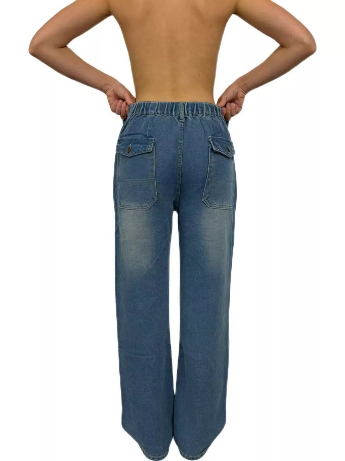 Wide leg contrast stitching jeans in blue denim with elastic waist and back pockets