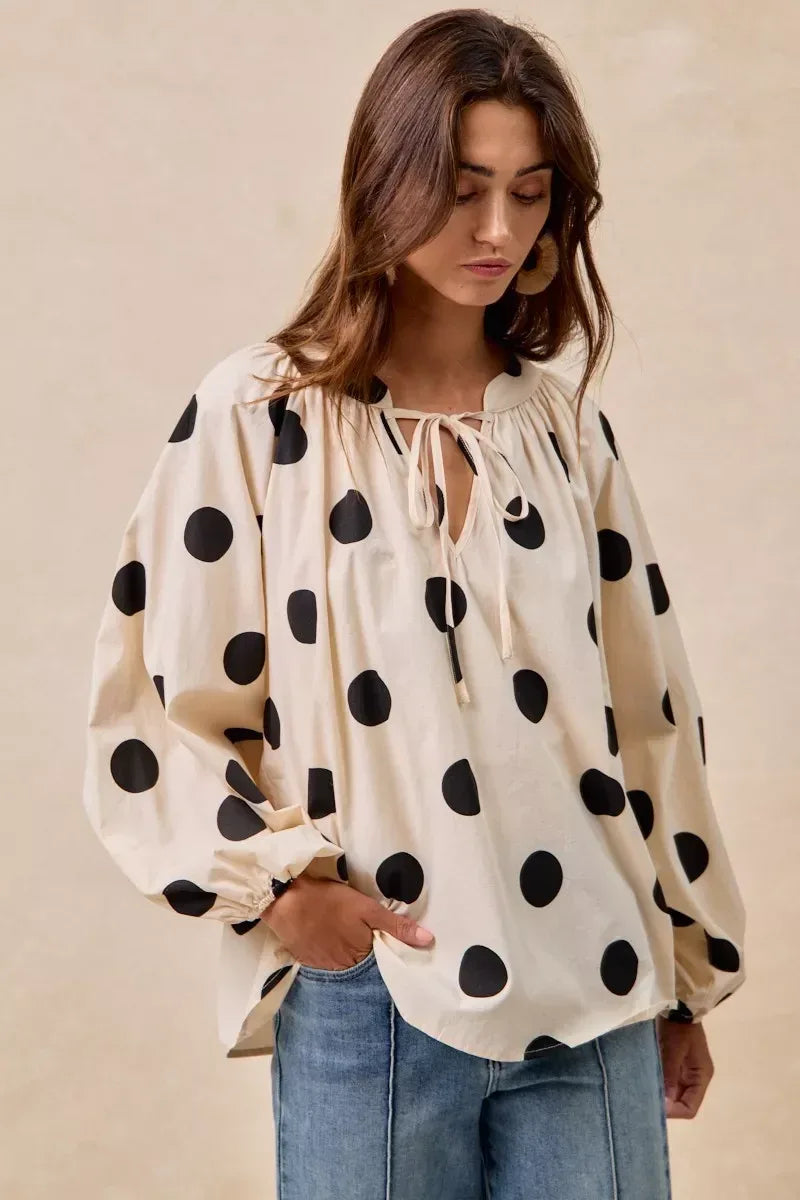 BiBi Polka Dot Exaggerated Balloon Sleeves Blouse - DAVERRI FASHIONS