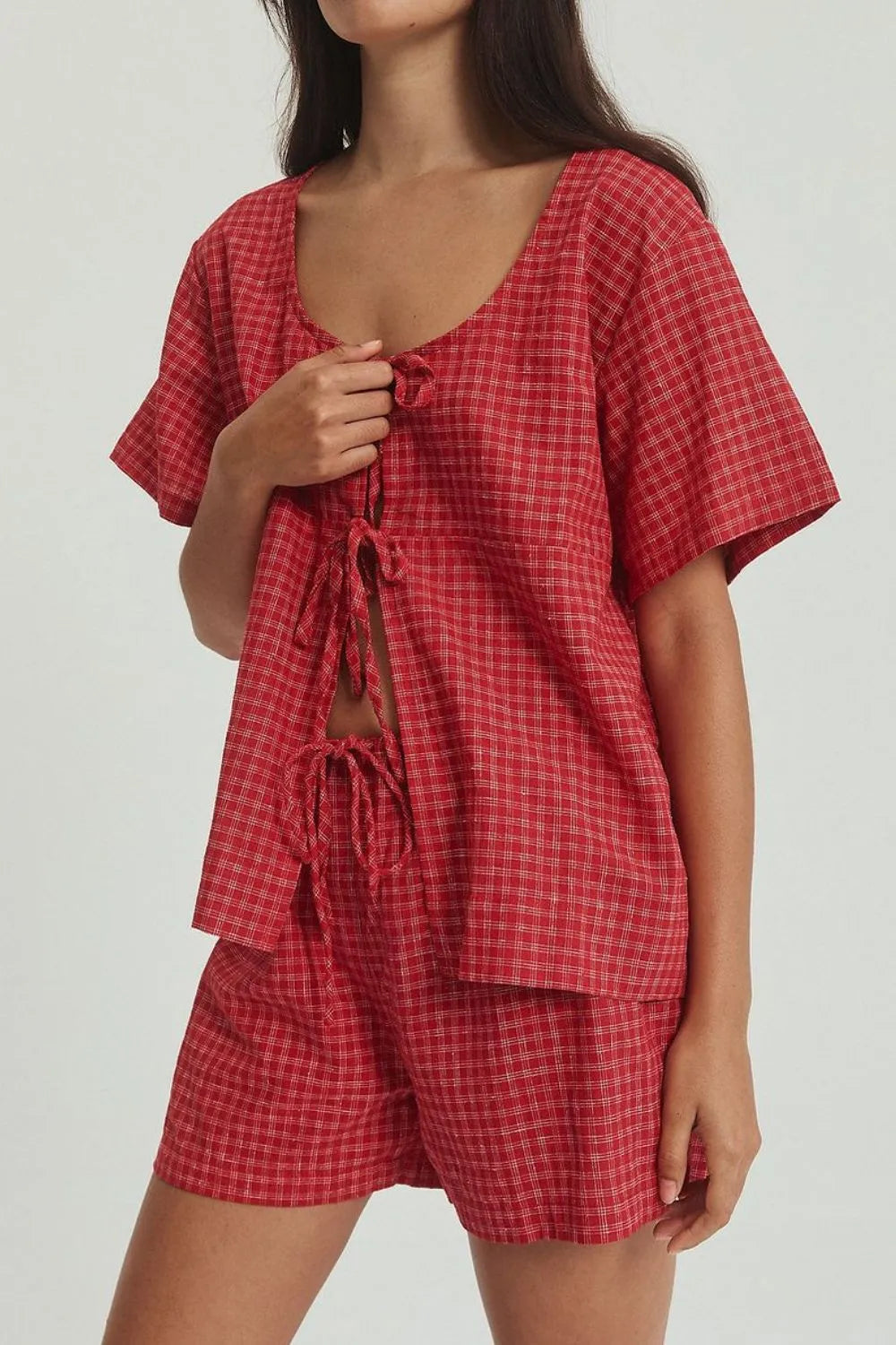 Plaid Tied Scoop Neck Short Sleeve Top and Drawstring Shorts Set | Outfit Sets Daverri Fashions