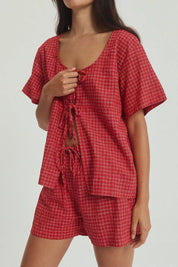 Plaid Tied Scoop Neck Short Sleeve Top and Drawstring Shorts Set | Outfit Sets Daverri Fashions