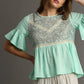 Umgee Floral Lace Trimmed Detail Half Sleeve Babydoll Top ICE MINT MIX Tops