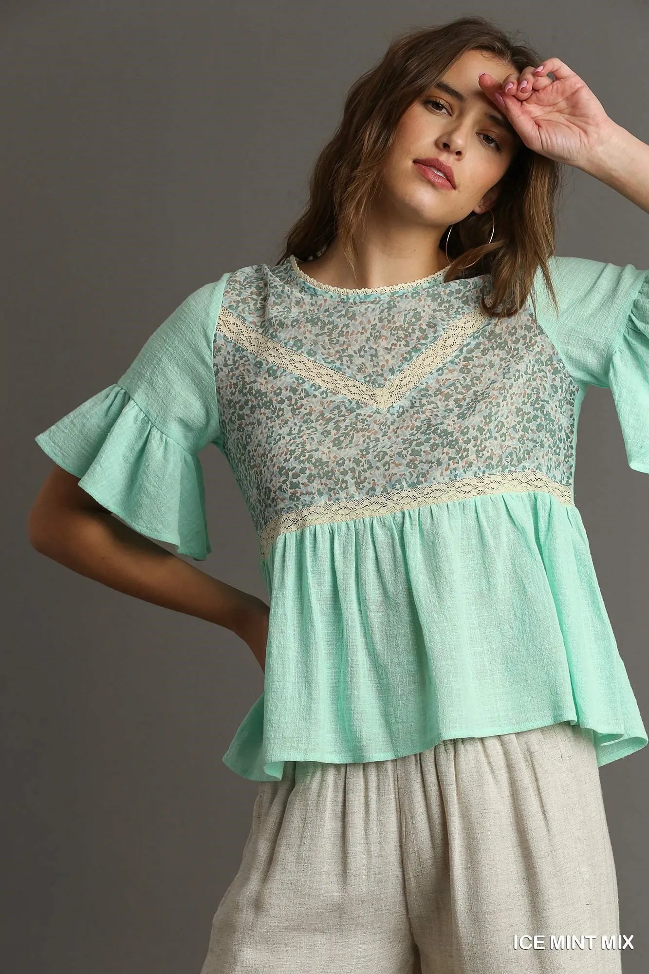 Umgee Floral Lace Trimmed Detail Half Sleeve Babydoll Top ICE MINT MIX Tops
