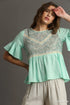Umgee Floral Lace Trimmed Detail Half Sleeve Babydoll Top ICE MINT MIX Tops