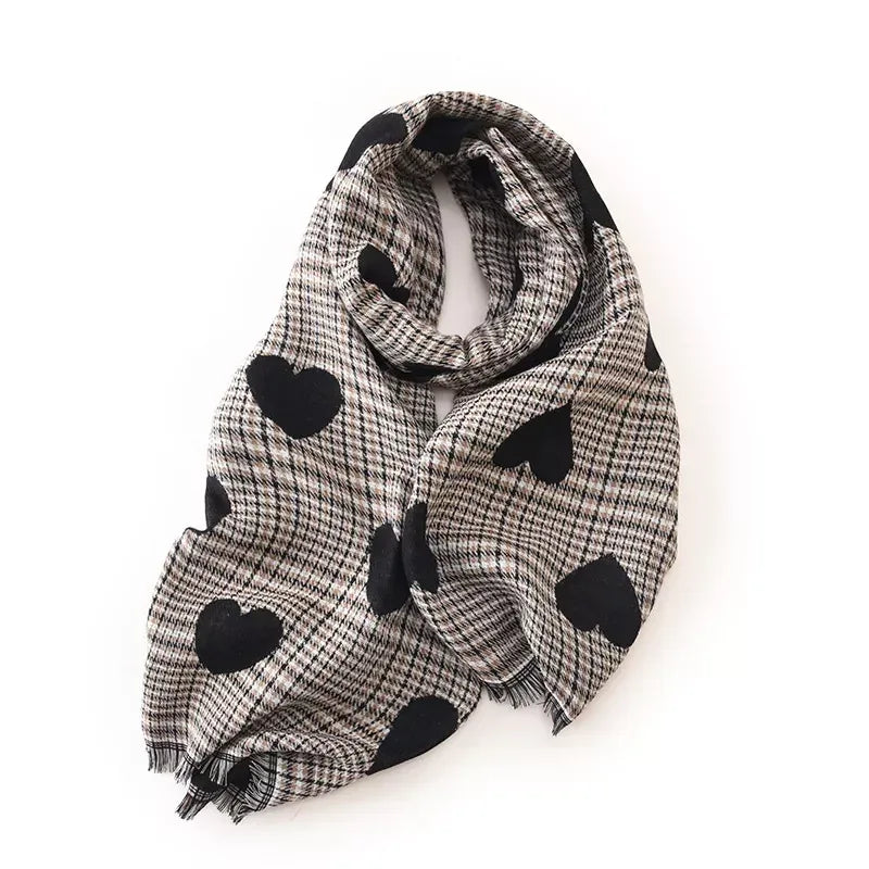 Heart Pattern Plaid Raw Hem Scarf - DAVERRI FASHIONS