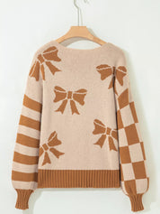 Ribbon Bow Checkered Striped Sleeve Drop Shoulder Sweater | Sweaters Daverri Fashions