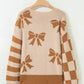 Ribbon Bow Checkered Striped Sleeve Drop Shoulder Sweater - DAVERRI FASHIONS
