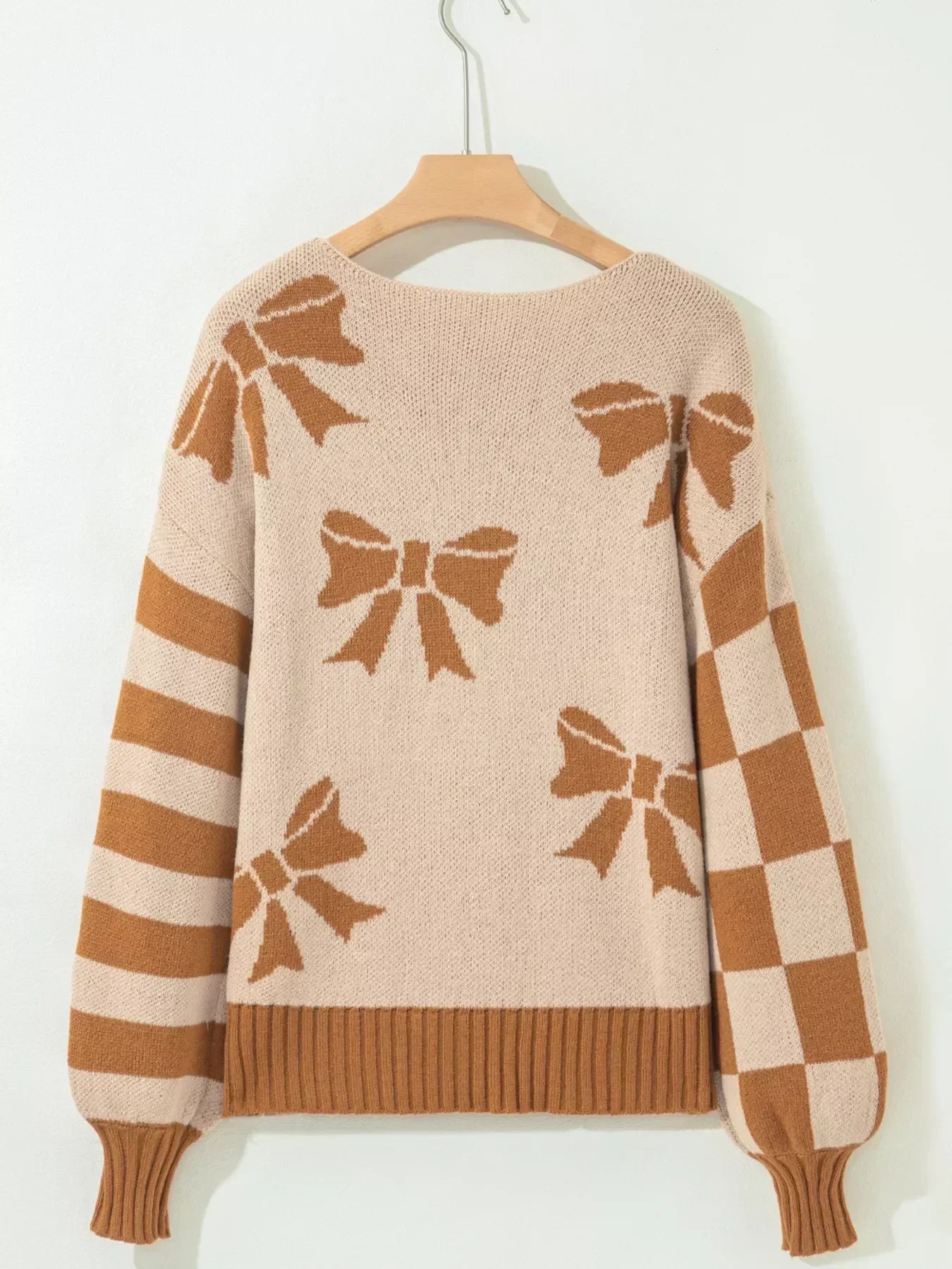 Ribbon Bow Checkered Striped Sleeve Drop Shoulder Sweater - DAVERRI FASHIONS