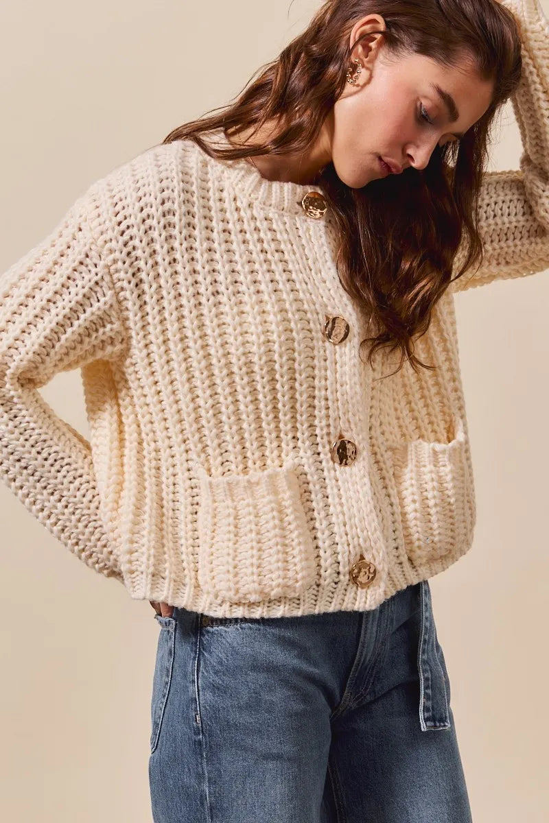 SO ME Metal Button Long Sleeve Chunky Sweater Cardigan Cardigans