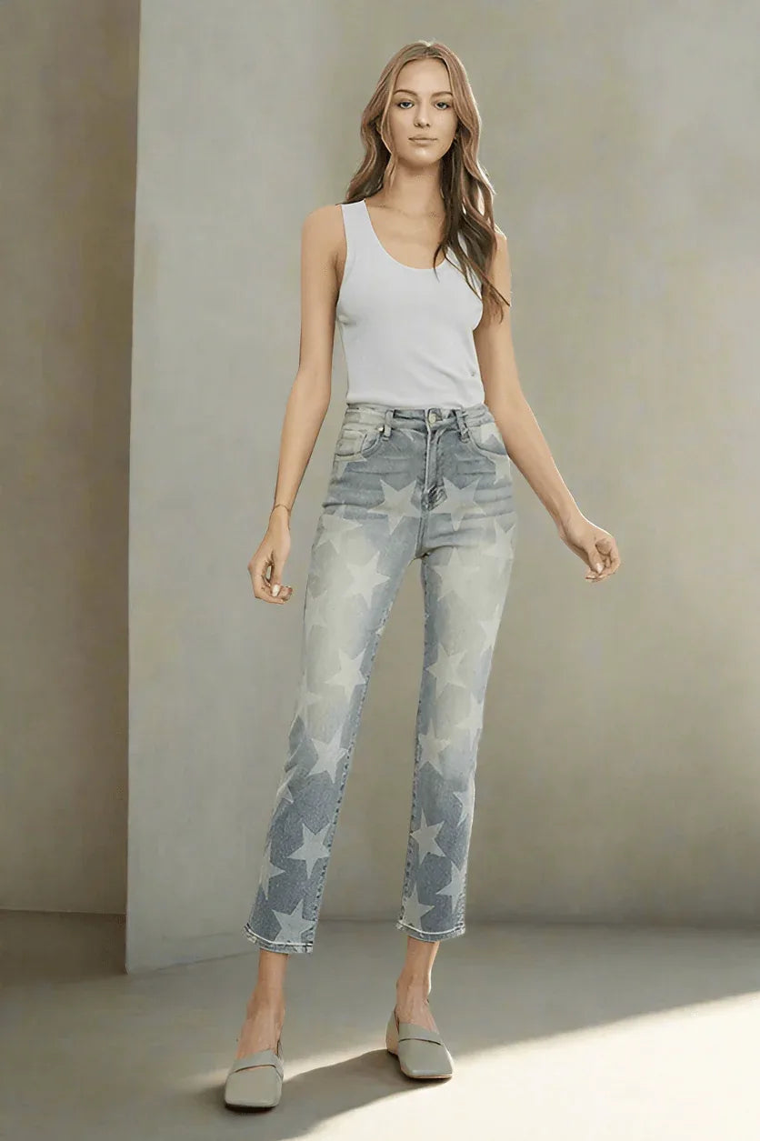 Insane Gene High Rise Star Print Cropped Girlfriend Jeans - DAVERRI FASHIONS