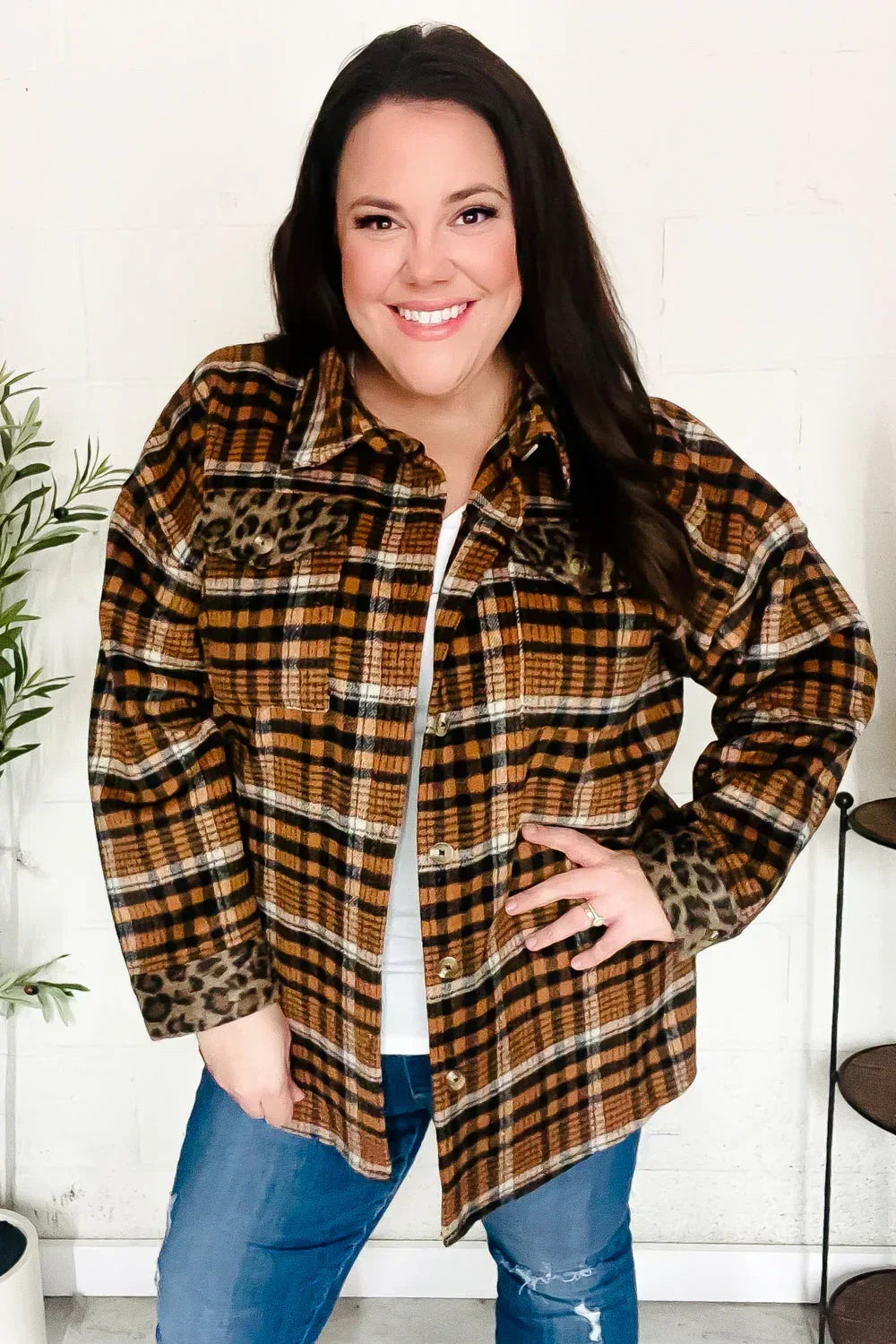 Put Together Rust Plaid & Animal Print Button Down Jacket - DAVERRI FASHIONS