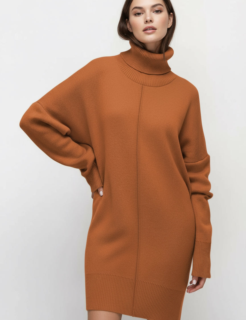 Solid Color Turtleneck Drop Shoulder Loose Fit Sweater Dress | Mini Dresses Daverri Fashions
