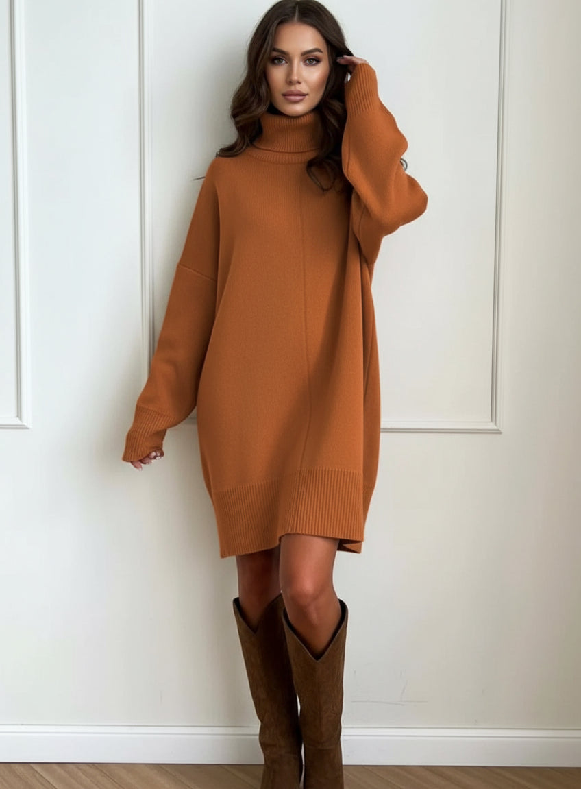 Solid Color Turtleneck Drop Shoulder Loose Fit Sweater Dress | Mini Dresses Daverri Fashions