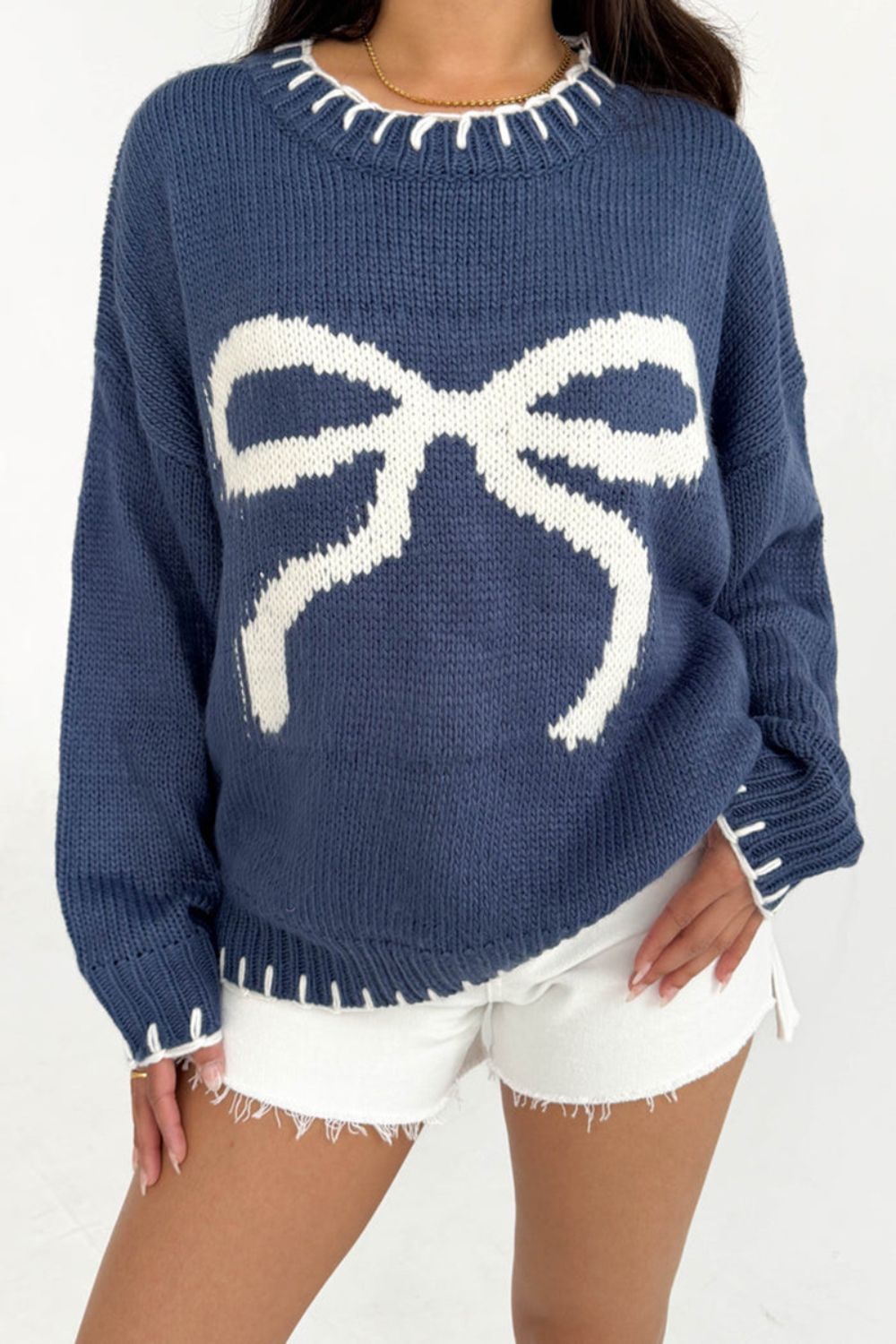 Bow Graphic Round Neck Long Sleeve Sweater | Sweaters Daverri Fashions