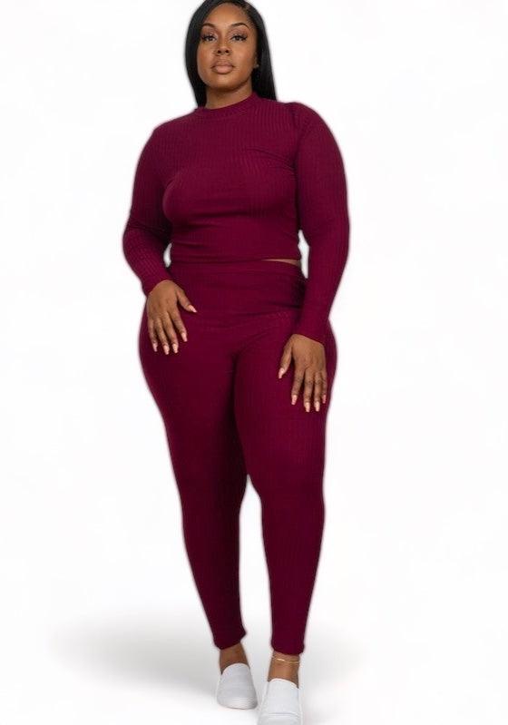 Capella Ribbed Knit Plus Size Loungewear Set Burgundy Outfit Sets