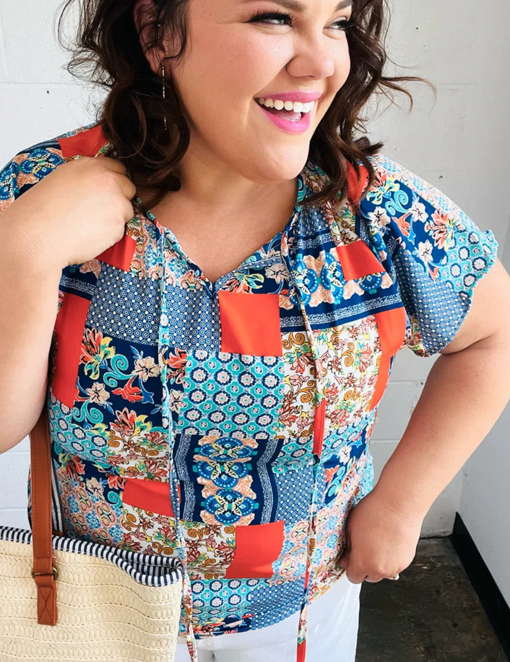 Blue & Orange Boho Patchwork Raglan Top | Daverri Fashions
