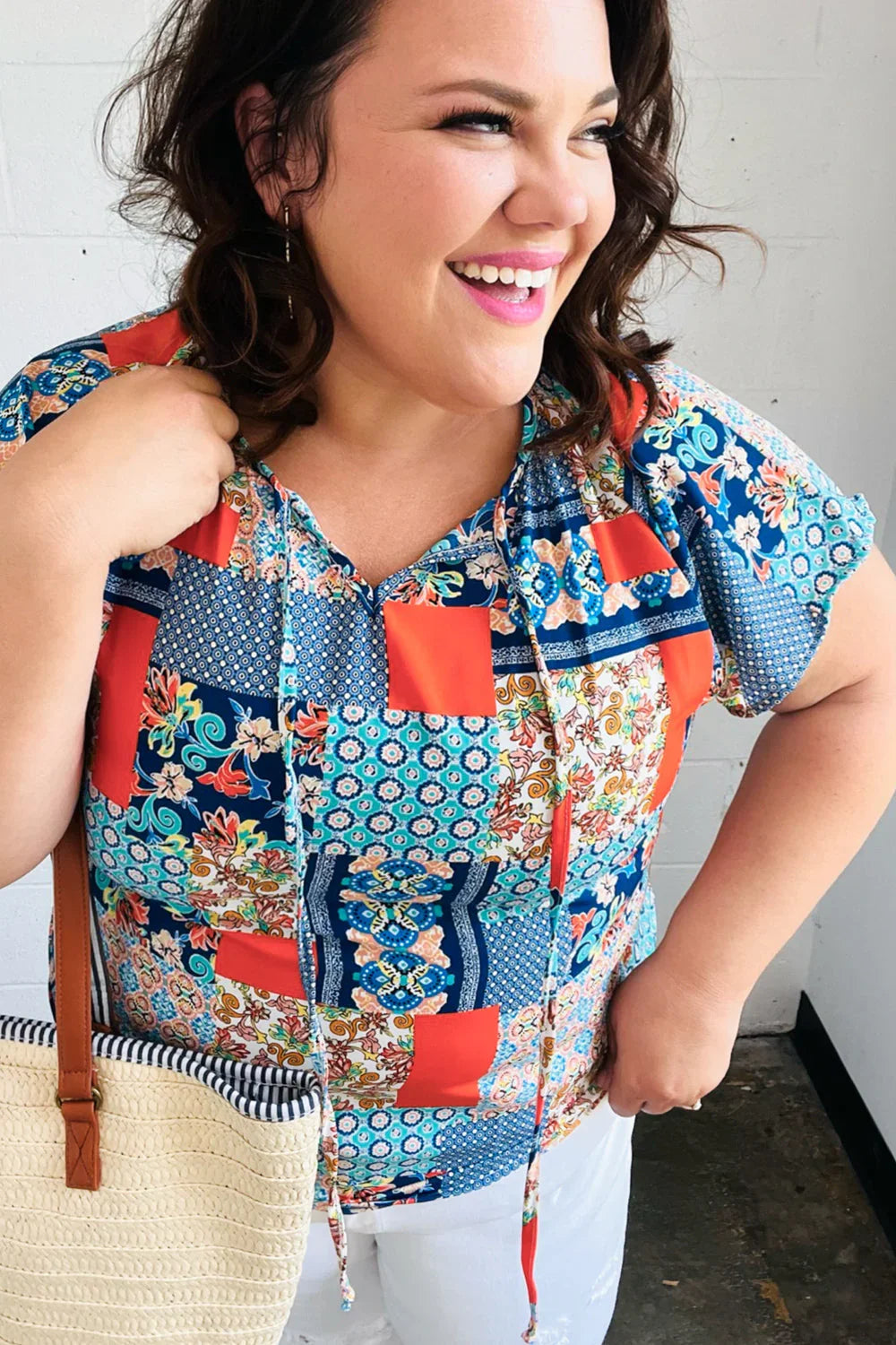Blue & Orange Boho Patchwork Raglan Top | Daverri Fashions