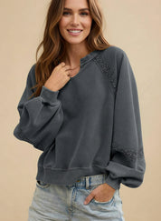 Charcoal gray Lace Patchwork Detail Notched sweatshirt with lace sleeves and hem