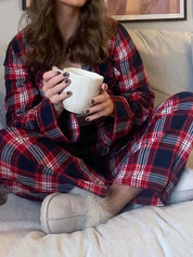 Plaid Collared Neck Button Up Top and Pants Lounge Set | Loungewear Sets Daverri Fashions