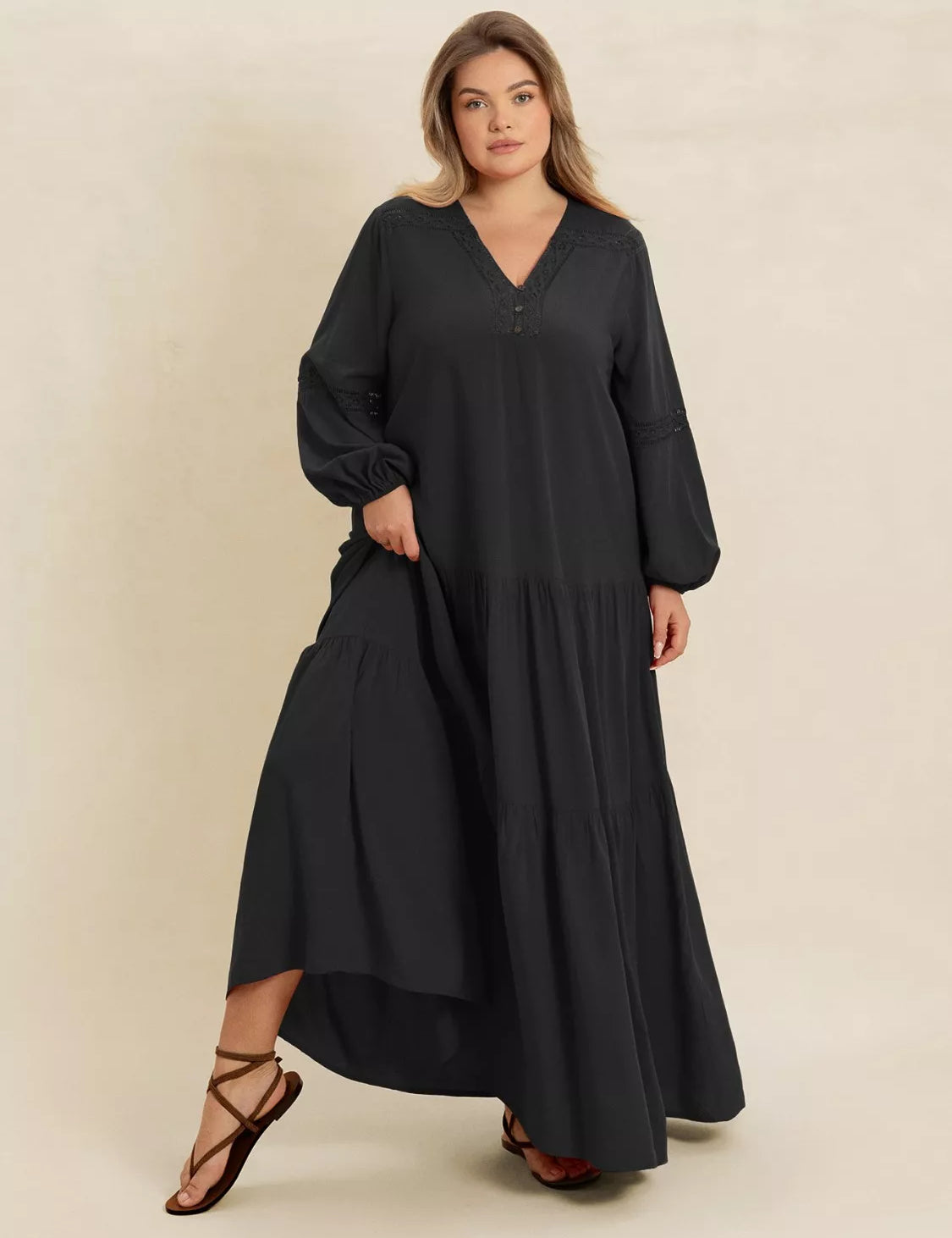 Black Plus Size Bohemian Tiered Maxi Dress with Balloon Sleeves | Maxi Dresses Daverri Fashions