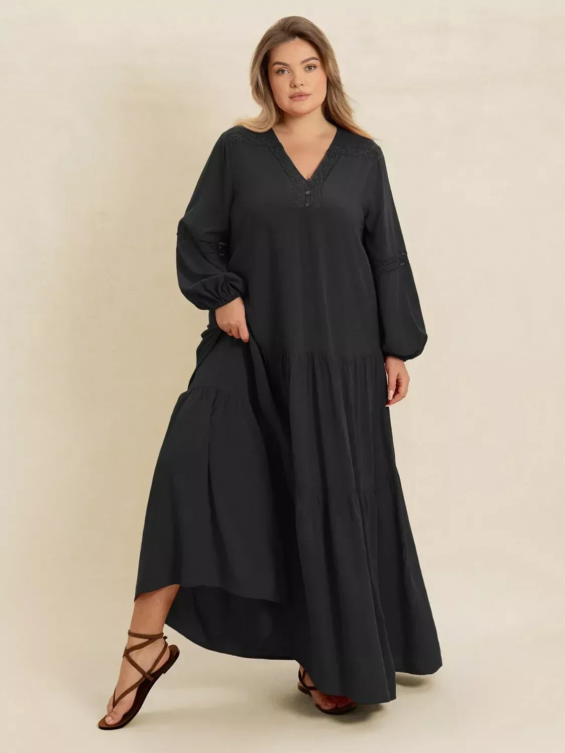 Plus Size Bohemian Tiered Maxi Dress with Balloon Sleeves - DAVERRI FASHIONS
