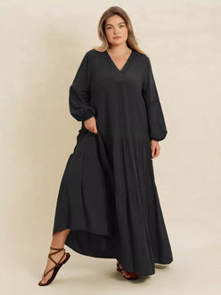 Plus Size Bohemian Tiered Maxi Dress with Balloon Sleeves - DAVERRI FASHIONS