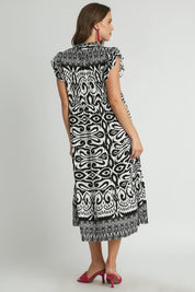 Umgee Two Tone Border Print Ruffle Cap Sleeve Midi Dress | Mid Dresses Daverri Fashions