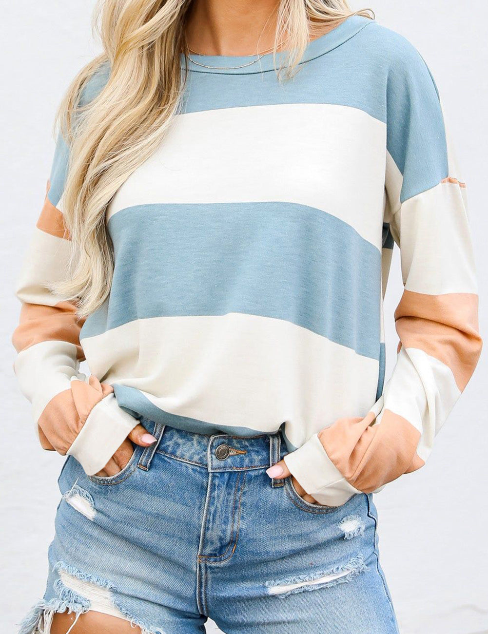 Rose Red Colorblock Striped Drop Shoulder Long Sleeve Top