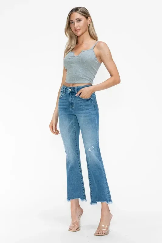 bytos Raw Hem Distressed Mid Rise Crop Jeans - DAVERRI FASHIONS