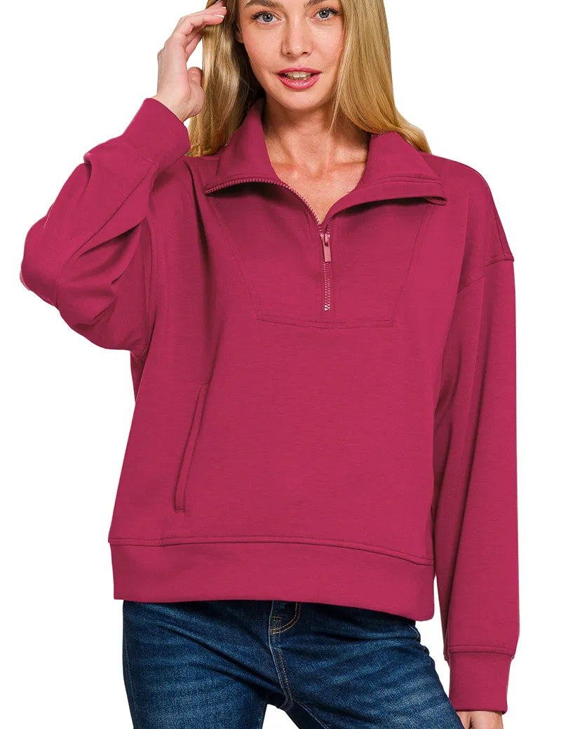 CABERNET Zenana Scuba Half Zip Sweatshirt with Pockets | Sweatshirts Daverri Fashions