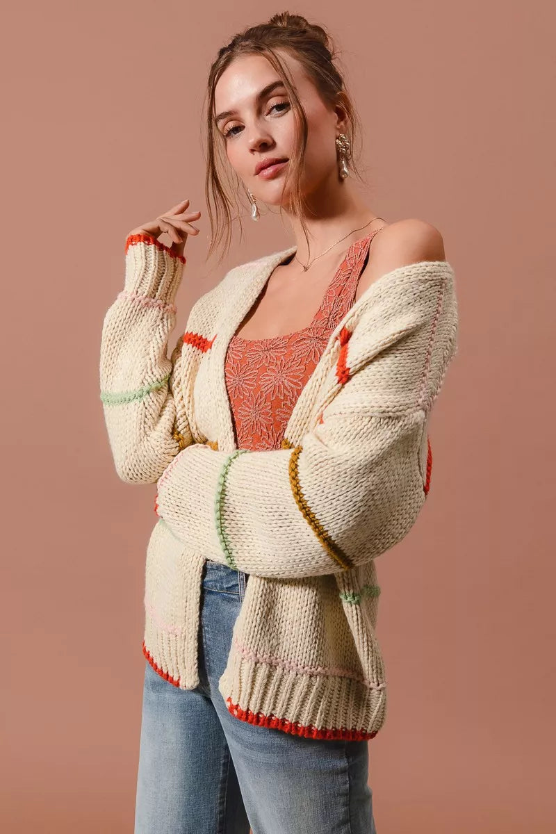 SO ME Loose Fit Multi Stripe Open Front Cardigan | Daverri Fashions