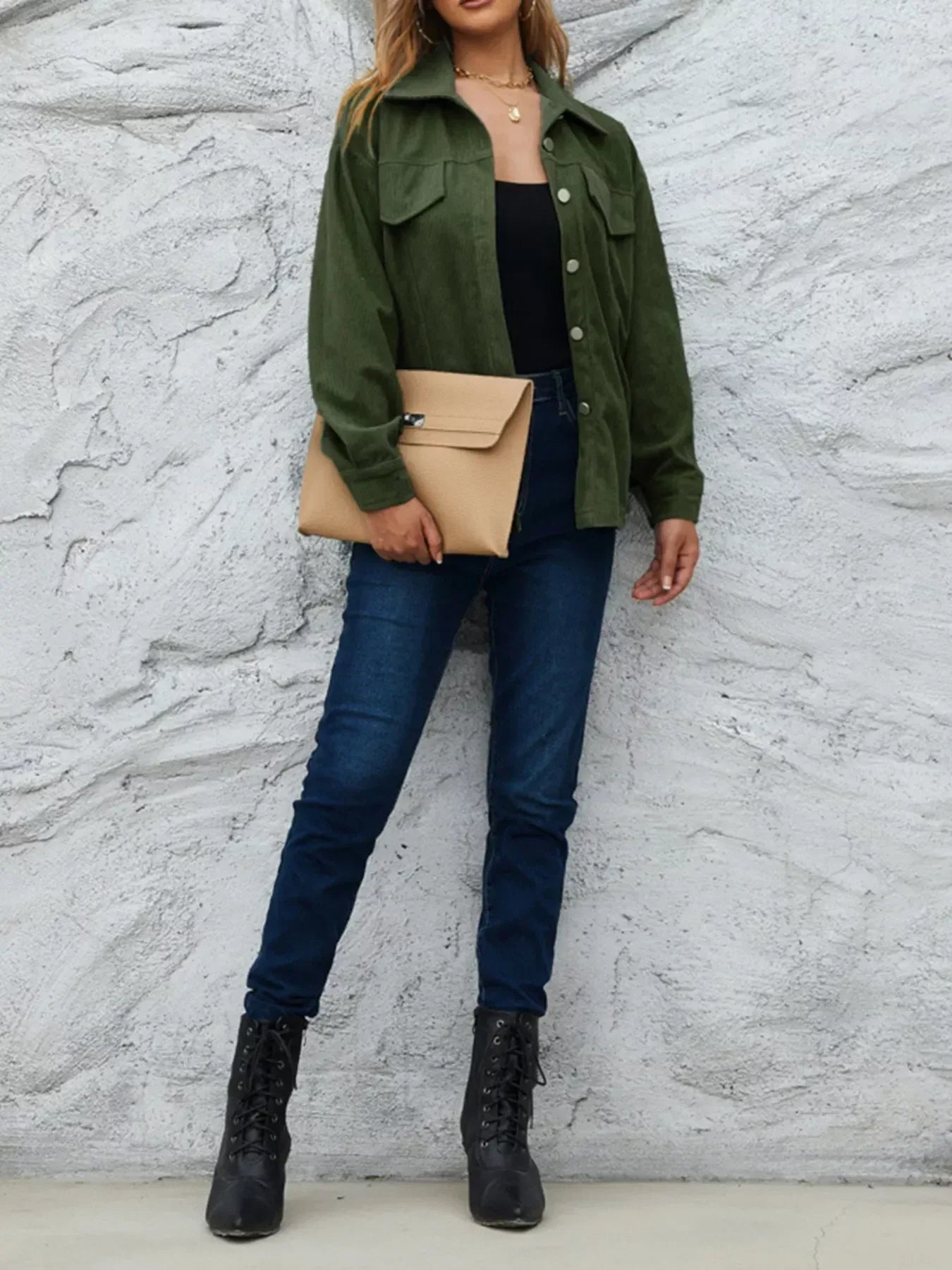 Corduroy Button-Down Shacket - DAVERRI FASHIONS