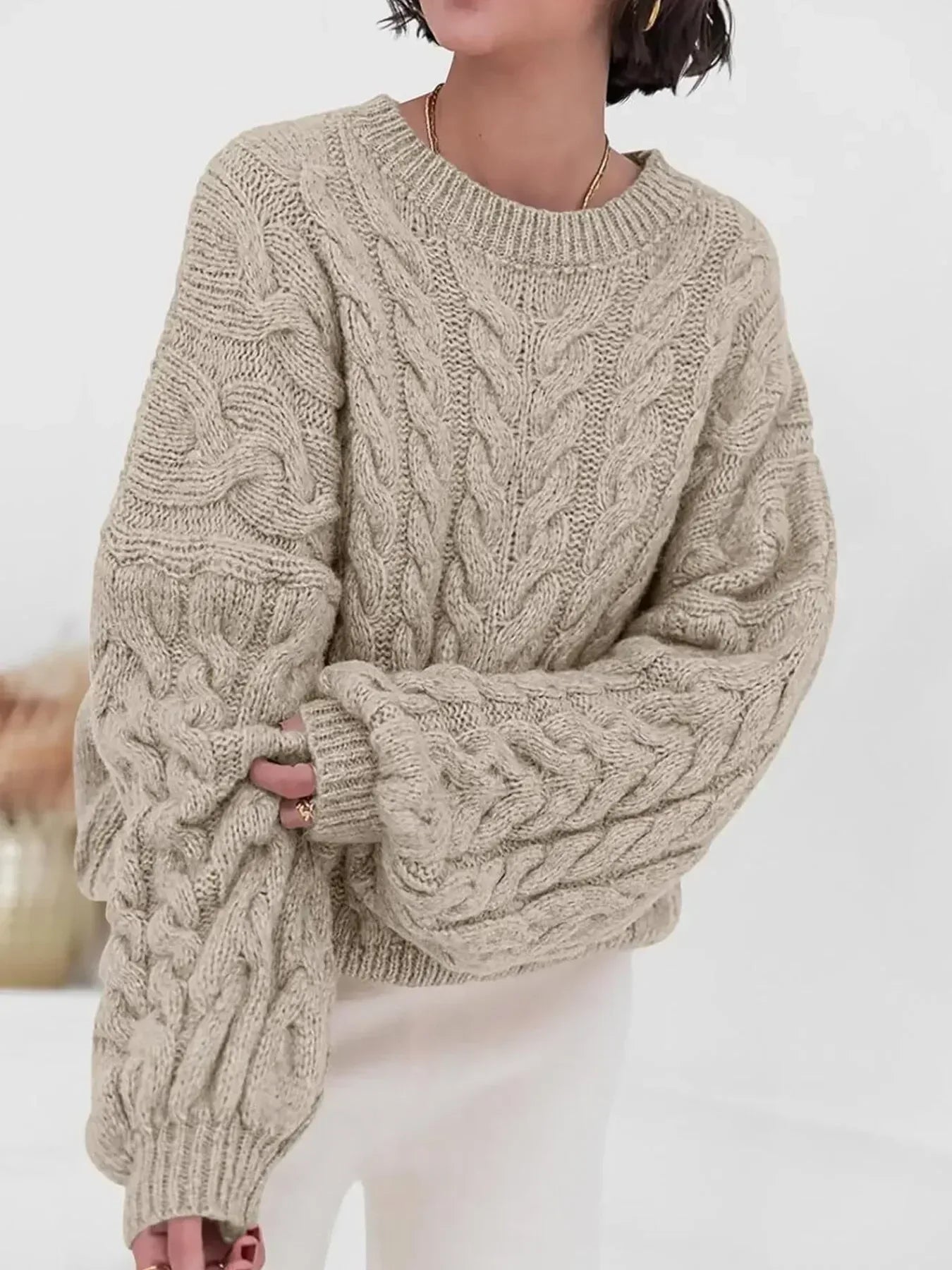 Cable Knit Long Sleeve Sweater - DAVERRI FASHIONS