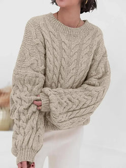 Cable Knit Long Sleeve Sweater - DAVERRI FASHIONS