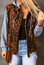 Leopard Distressed Drawstring Hooded Denim Jacket | Denim Jackets Daverri Fashions