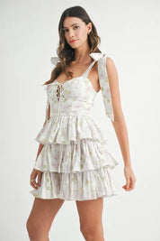 MABLE Floral Print Shoulder Tie Layered Mini Dress | Daverri Fashions