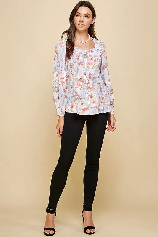 Lime 'N' Chili Floral Sweetheart Neckline Button Down Blouse