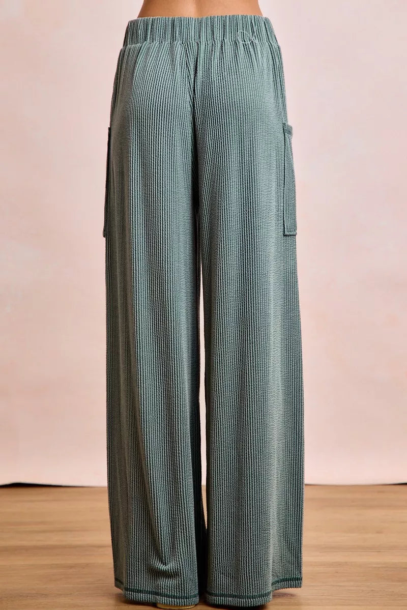 Teal corduroy wide-leg pants with ribbed texture and pockets from BiBi set