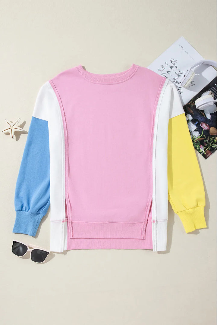 Slit Contrast Round Neck Long Sleeve Sweatshirt Tops