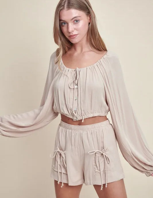 Lt Taupe MABLE Gauze Long Sleeve Button Crop Top and Short Set | Outfit Sets Daverri Fashions