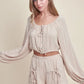 MABLE Gauze Long Sleeve Button Crop Top and Short Set Lt Taupe Outfit Sets