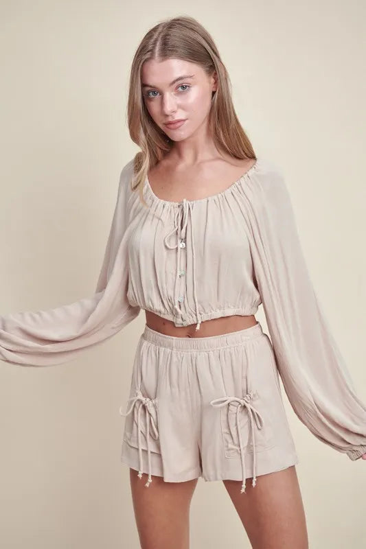 MABLE Gauze Long Sleeve Button Crop Top and Short Set Lt Taupe Outfit Sets