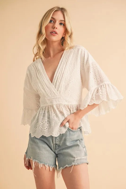 Aemi+Co Flounce Sleeve Eyelet Peplum Top