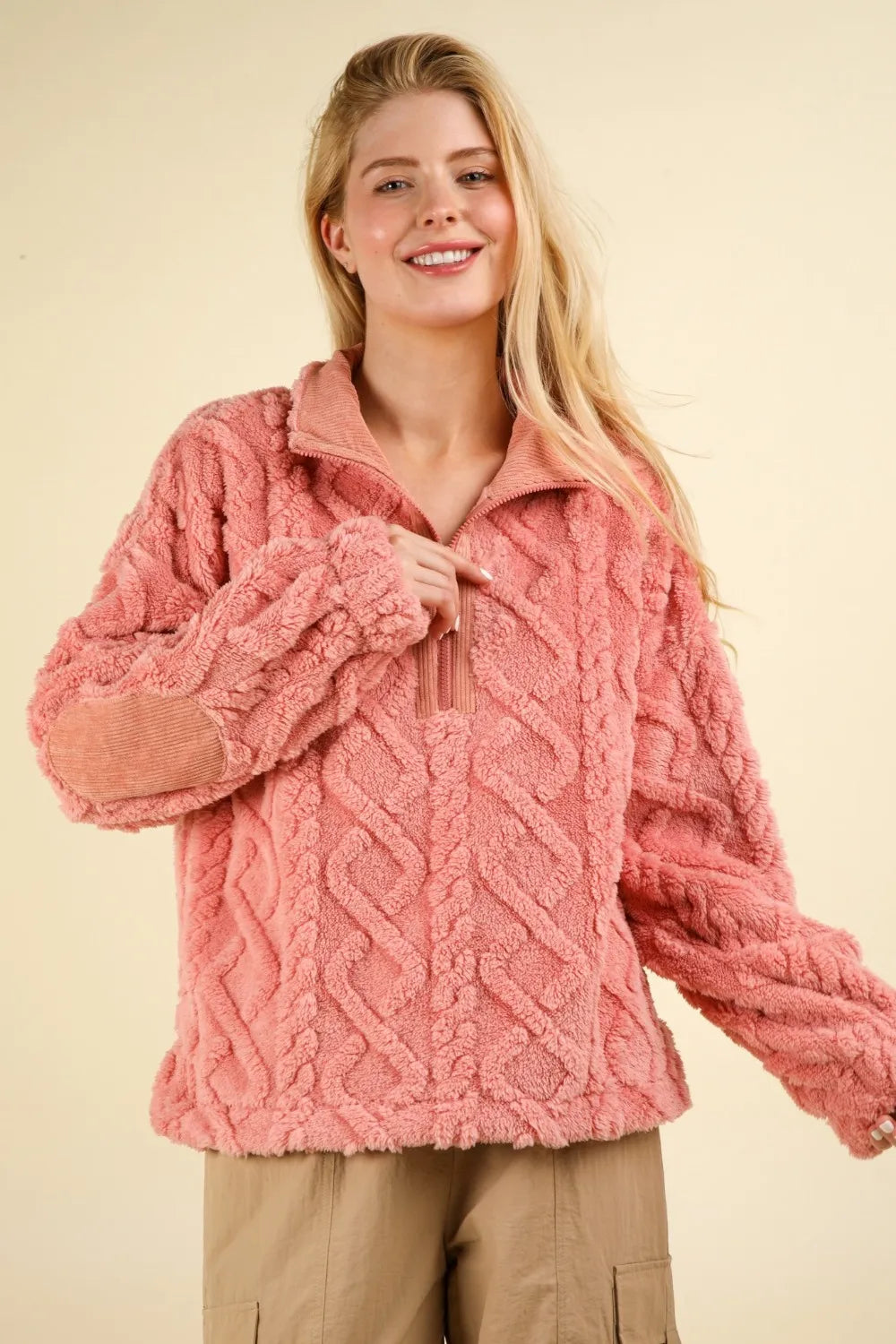 VERY J Fuzzy Fleece Half Zip Cable Pattern Sweatshirt Sweatshirts